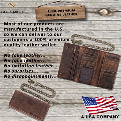 F&L CLASSIC RFID Blocking Mens Tri-fold Long Style Cowhide Leather Steel Chain Wallet,buffalo vintage leather - color: buffalo vintage leather