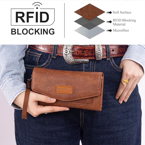 Montana West X Wrangler Womens Wallet Large Capacity Long Compact | Brown Wallet Women Rfid Large Wristlet Trifold Women's Wallets Card Cases & Money Organizers with Detachable Wrist Strap - color: Trifold-Brown