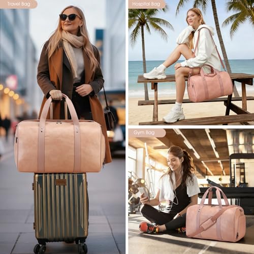 3PCS Faux Leather Weekender Bag for Women Men Travel Bag Overnight Bags | Leather Travel Duffel Bags for Traveling with Shoe Compartment Toiletry Packing Cube Carry On Tote Bag Men Fit 21.5" Laptop - color: Pink