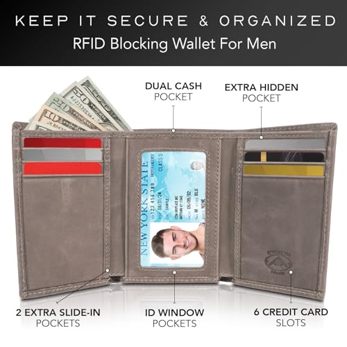 Stealth Mode Trifold Leather Wallet for Men with RFID Blocking (Grey) | Top Grain Napa Leather, 9 Card Slots, ID Window, Gift Box – Gift for Dad, Husband, or Son - color: Grey