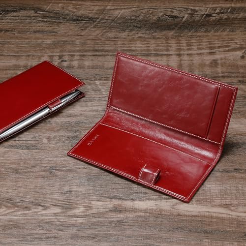 HISCOW Leather Checkbook Cover for Duplicate Checks with Pen Holder - color: Antiqued Red