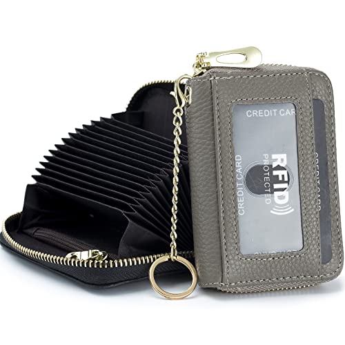 imeetu Rfid Credit Card Holder, Businese Card Case, Wallet for Women Men | Genuine Leather Card Wallet with id Window, Keychain & Double Zipper, Water-resistan Small Wallet with Gift Box, Daily Travel - color: Pro - Grey