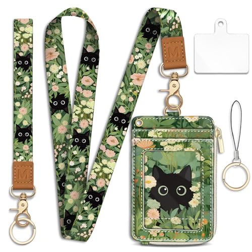 Cat Lanyard Wallet with Id Badge Holder Keychain for Card Women - color: Cat Green Leaf