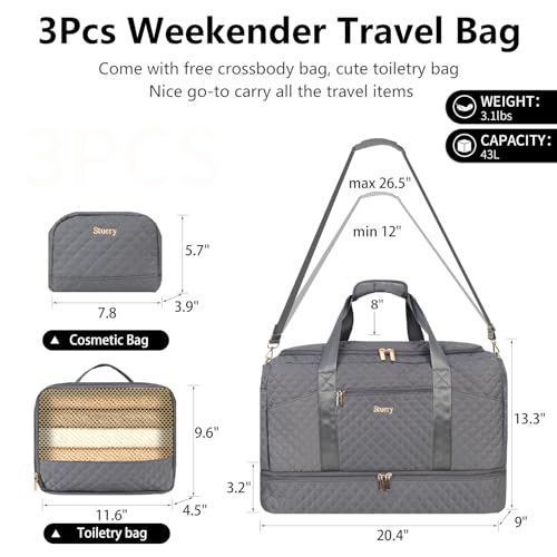 Stuery Weekender Bags for Women with Toiletry Bags: Large Overnight Bags Travel Duffel Bag Carry On Shoulder Weekend Tote with Shoe Compartment and Wet Pocket for Girls Airplane Traveling,Gray - color: D-3PCS Gray