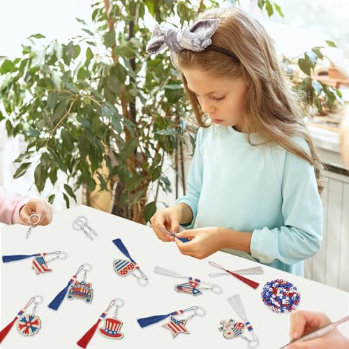 Cinrobiye 24 Set Patriotic Craft Kits DIY Wooden Paint Keychain Craft Set for 4th of July Party Activities Memorial Day Classroom Art Projects Independence Day Decorations - style: 4th of July