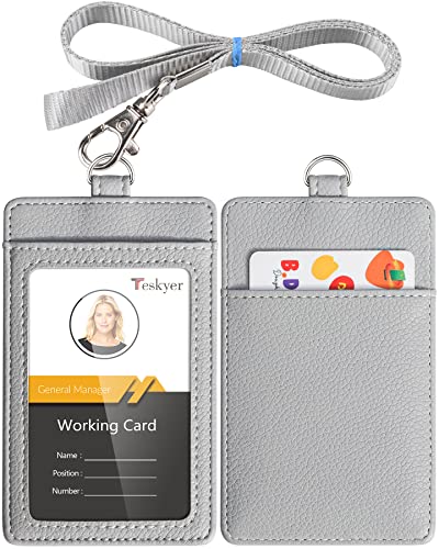 Teskyer Leather ID Badge Holder with Lanyard, Vertical Lychee Gray | Durable Nylon Lanyard, Rear Card Pocket, Scan Without Removing Card, Built to Last, Work & Cruise Ready - color: Lichee Gray, size: Vertical