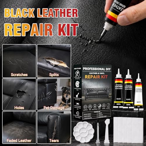 Black Leather Repair Kit, Vinyl Repair Kit Repairs Scratches, Cracks, Holes on Car Interiors, Furniture, Jacket, Sofa, Car Seat, Couch, Purse, Faux, Genuine Leather with Super Easy Instructions