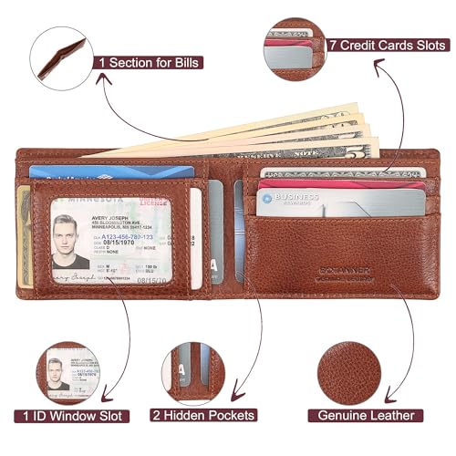 Genuine Leather Mens Bifold Wallet RFID Blocking 7 Credit Card Slots 1 ID Window 1 Section for Bills 2 Additional Slots | Tan - color: Tan, size: 7 Card + 1 ID