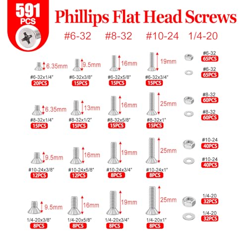 Twidec/1511PCS Nuts and Bolts Assortment Kit,Machine Screws,304 Stainless Steel Phillips Pan Head and Flat Head Screws #4-40#6-32#8-32#10-24#1/4-20 with Nuts, Bolts,Washers in the Storage Case - color: Silver SS 1511PCS #4 #6 #8 #10 #1/4-20