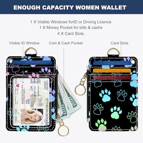 Slim Wallet Credit Card Holder, Animal Paw Print, RFID Wallet Women Cute Small Front Pocket Wallet With Zipper, PU Leather Thin travel RFID Blocking Card Case ID Window,Ladies Gifts - color: Animal Paw Print