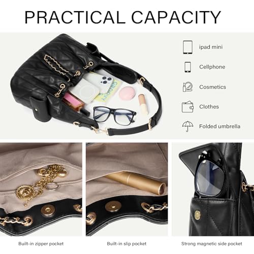 CLUCI Quilted Leather Handbag, Soft Tote Bags for Women with Adjustable Strap, Crumpled Shoulder Purse Tabby Slouchy Hobo Bag - color: Black
