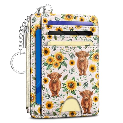 Kelvoris Credit Card Holder Small Wallet Women, Slim RFID, Highland Cow | Keychain, Zipper Coin Pocket, Front Pocket Thin Travel Card Case, Minimalist, 6 Card Slots, 1 ID Window, Ladies Gifts Woman - color: Cow