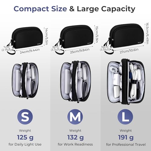 Skycase Travel Cable Organizer - Lightweight Water Resistant Dual-Layer Tech Pouch with Wrist Strap 9 Compartments Electronic Organizer Travel Case for Charger Cord Hard Drive,Medium,Black - color: Black, size: M