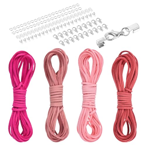 MECCANIXITY 4 Pcs Suede Cord, 5.5 Yards Flat Faux Leather Cord Soft Durable Leather String with Silver Closed-Mouth Ring Rope Clip Lobster Clasps for Art Craft, Peach Pink/Pink/Red/Rose Red - color: Peach Pink/Pink/Red/Rose Red