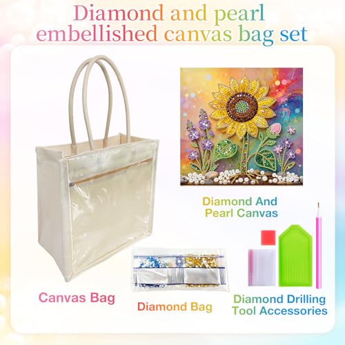 Xylzzuit DIY Pearl Painting Canvas Tote Bag Kit 11.42IN Diamond Art Handbag for Women Shopping Grocery Bag Dots Beads Art Craft Gift (Sunflower) - color: Sunflower
