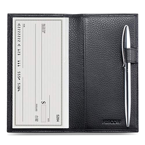 HISCOW Leather Checkbook Cover for Duplicate Checks with Pen Holder - color: Pebbled Black