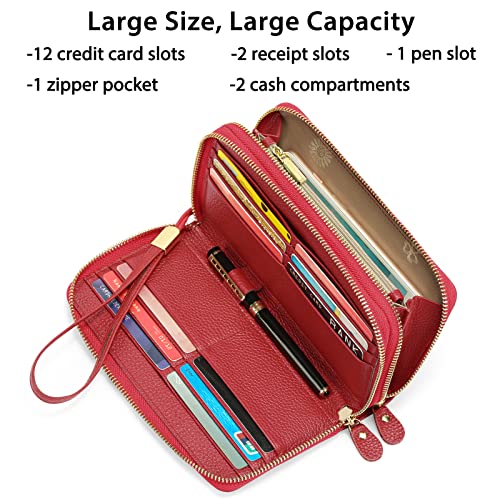 SENDEFN Leather Women Wallet RFID Blocking Zipper Around Phone Holder Clutch Wristlet Large Capacity - color: Red