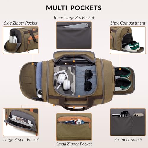 Canvas Duffle Bag 50L Expandable Travel Weekender Bags, Brown | Travel Duffel Bags for Men Women, Weekender Overnight Bag with Shoes Compartment, for Travel, Camp, Gym, Business - color: Brown
