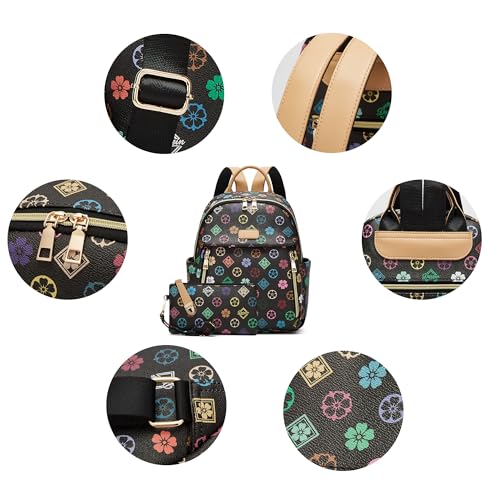 Makes Mini Backpack for Women, Small Casual Backpacks Daily Travel Bag 2pcs | Small Bookbag,Work Travel School PU Leather Shoulder Bag Mochilas Para Mujer Rucksack Gifts for Lady Girls Mother Wife - color: Triblack Flower
