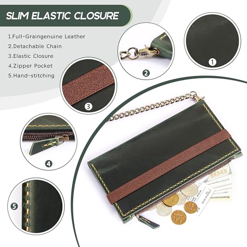 Robrasim Leather Wallet for Men and Women, Handmade Detachable Chain Wristlet Long Bifold Clutch with Large Capacity Zipper Coin Pocket (Green, 7.87"x4.17") - color: Green