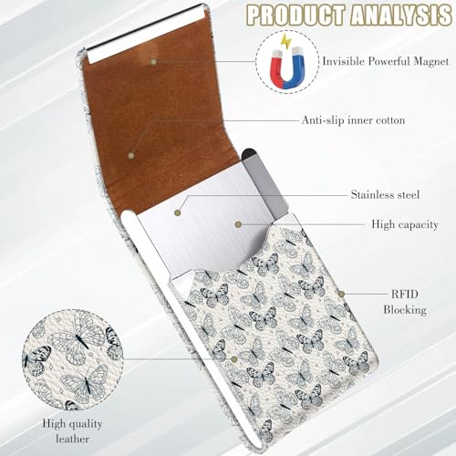2Pack Leather Stainless Steel Business Card Holder, Metal Slim Business Card Case for Women or Men, Pocket Business Card Carrier with Prints, Magnetic Closure, RFID Blocking - color: Sketch-Butterfly