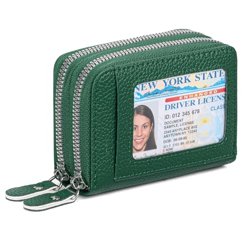 RNIEGA Credit Card Holder Wallet RFID Blocking Leather Small Wallet for Women Double Zipper Wallet with ID Window - color: Green