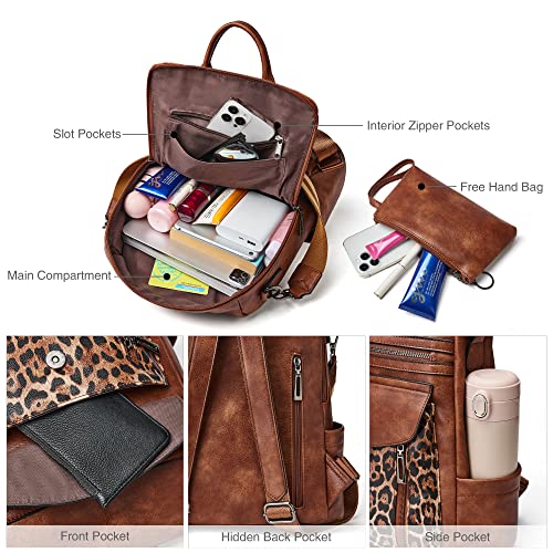 Backpack Purse for Women Fashion Leather Backpack Purse Designer Travel Backpack Convertible Shoulder Bag with Wristlet - color: 1-9 Brown With Leopard