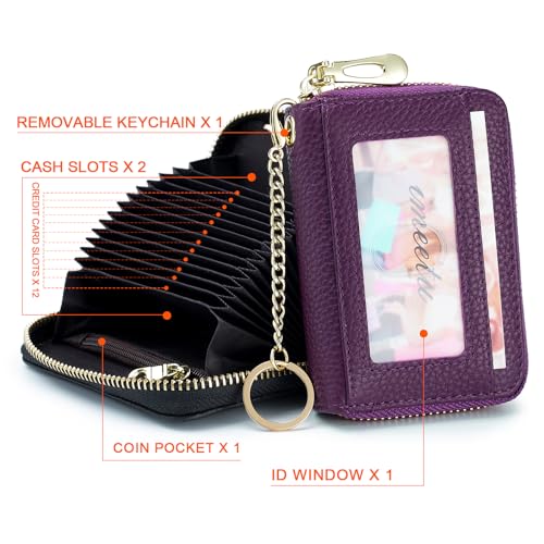 imeetu RFID Credit Card Holder, Small Card Wallet Women, Leather Card Case | Genuine Leather Women's Card & id Cases, Change Coin Purse with Zipper Keychain id Window, 20 Colors & 3 Styles, Daily, Gifts - color: Pro - Purple, size: Pro