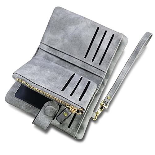 AOXONEL Women's Small Bifold Leather wallet Rfid blocking Ladies Wristlet with Card holder id window Coin Purse - color: Grey