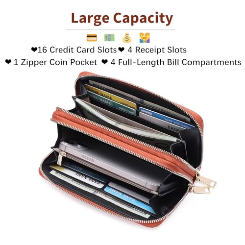 GOIACII Women's Wallet RFID Blocking Leather Wristlet | 2 Zip Around, Large Capacity, Credit Card Holder, Ladies Phone Clutch Purse - color: A04 Brown