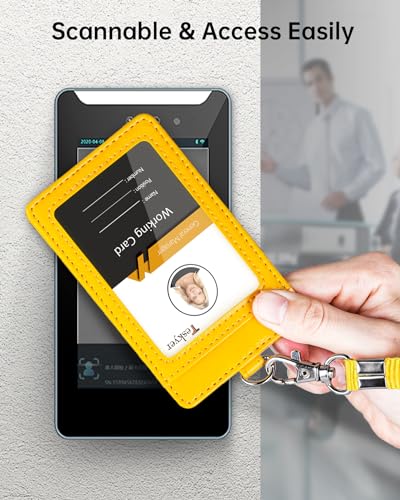 Teskyer Leather ID Badge Holder with Lanyard, Vertical Bright Yellow | Durable Nylon Lanyard, Rear Card Pocket, Scan Without Removing Card, Built to Last, Work & Cruise Ready - color: Bright Yellow, size: Vertical
