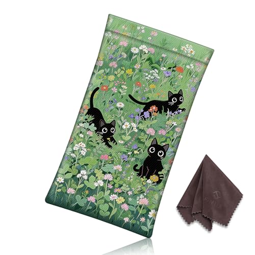 FINTIE Soft Eyeglasses Case with Cleaning Cloth, Squeeze Top Glasses Pouch | Sunglasses Eyewear Bag, Vegan Leather, For Reading /Prescription Glasses Storage, For Women Daily Carry - color: Black Cats