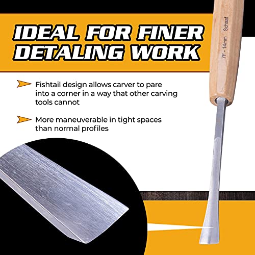 4-pc Wood Chisel Set, Fishtail Gouges, Cr-V 60 | Detail carving chisels for sculpture and relief carving, ergonomic handles, canvas tool roll, beginner tutorials included - color: 4 Piece Fishtail Set