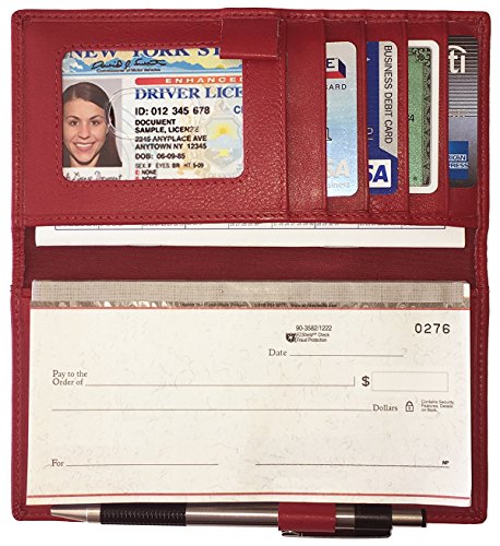 RFID Leather Checkbook Cover With Credit Card Slots and Pen Holder - color: Red