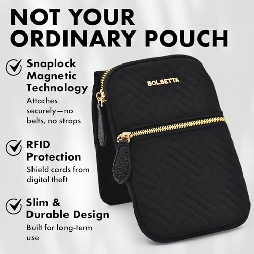 Magnetic Hip Pouch - RFID Blocking Pouch and Key Fob Protector - Zippered Pocket, Magnetic Snaplock Attachment - Lightweight Travel Wallet, Hip Bag for Concerts and Errands - Black Quilt - color: Black