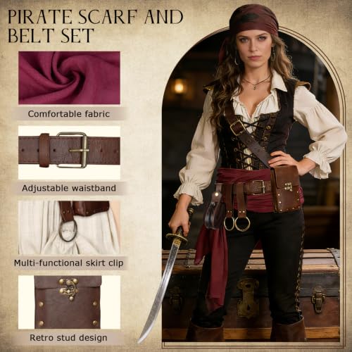 Renaissance Belt Pouch Medieval Pirate Costume Accessories Set for Cosplay | Viking Faux Leather Waist Bag, Skirt Hike Clips, Perfect for Women and Men Ren Faire, LARP, Fantasy, Halloween - color: Brown-N