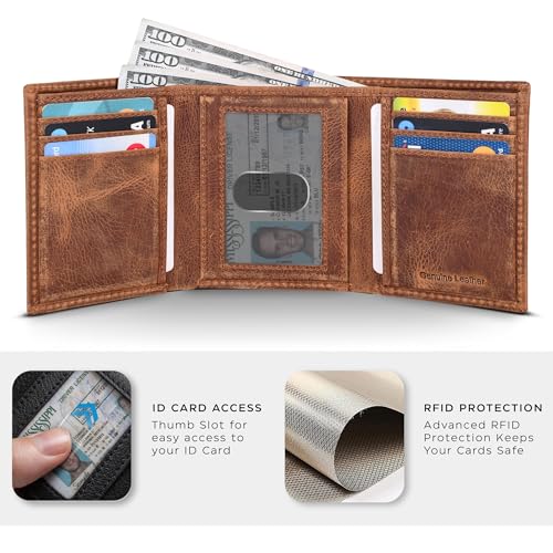 Trifold Leather Wallet for Men - RFID Slim Minimalist Front Pocket 6 Slots - color: Hunter Cognac