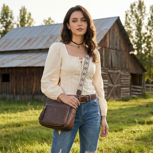 Crossbody Bags for Women, Medium Vegan Leather Purses | Large Capacity Multi-Pocket Embossed Shoulder Bag with Boho Strap for Daily Travel - color: Coffee Brown
