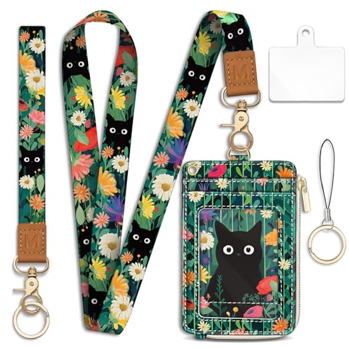 Lanyard Wallet with Id Badge Holder Keychain for Card Women Cat - color: Cat Flower Green