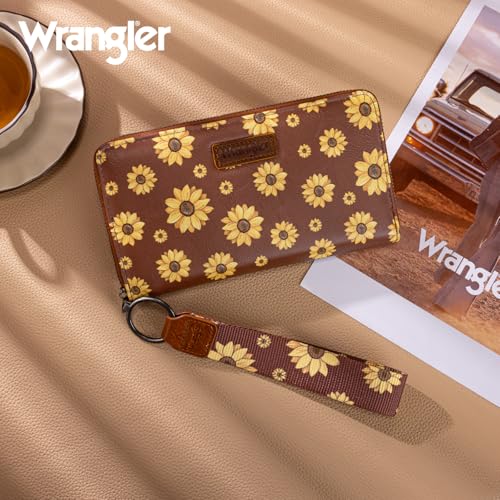 Wrangler Brown Daisy Wallets for Women Large Capacity Wristlet Wallets, Card Cases & Money Organizers Ladies Female Clutch Credit Card Phone Wallet with Smooth Zipper and ID Window - color: Daisy-Brown