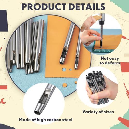 22 Sizes Hollow Leather Hole Punch Set Steel Round Hole Punch Set Leather Hollow Punching Tool for Watch Band, Gasket Belt, Fabric, Canvas Paper, Plastics, 0.5mm-12mm