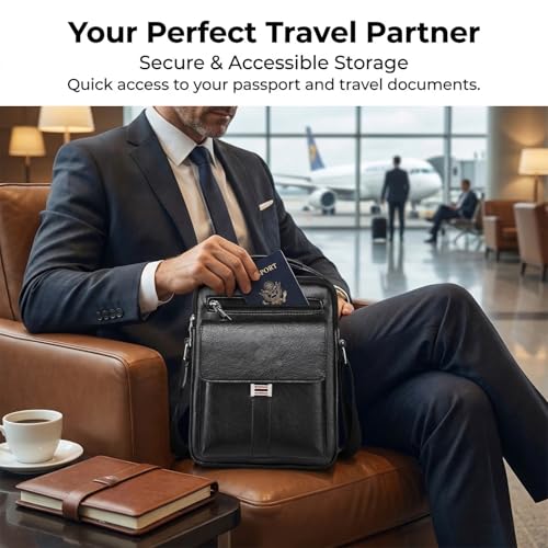 Crossbody Bag for Men, PU Leather Shoulder Messenger Bag with Handle - color: Deep Black