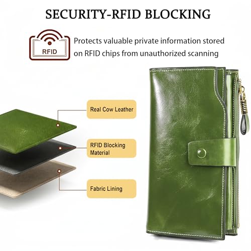 YALUXE Women's RFID Real Leather Wallet with 21 Card Slots Phone Pocket - color: 4- Waxed Green, size: Genuine Leather