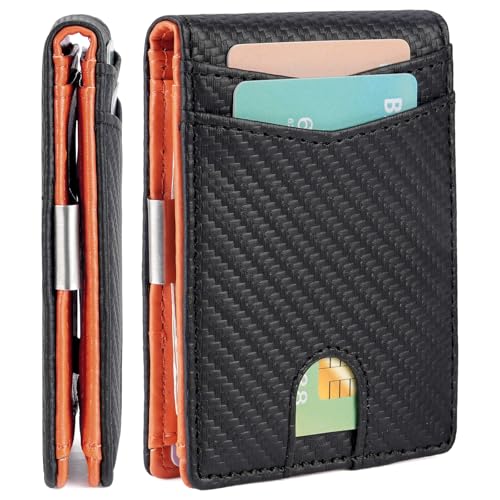 FALAN MULE Mens Wallet with Money Clip RFID Blocking Minimalist Front Pocket Wallets for Men Slim Bifold Card Holder - color: Oc-Black with orange
