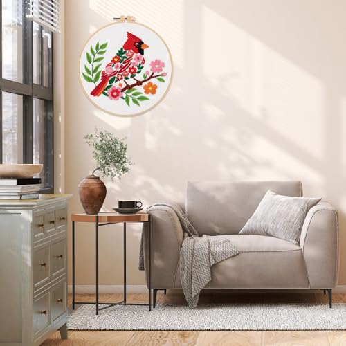 Louise Maelys Cardinal Embroidery Kit, Cross Stitch Kit for Beginne | Animal Embroidery Starter Kit With Stamped Fabric, Hoop, Threads, Needles And Instructions For Adults,Easy Needlepoint - color: birds