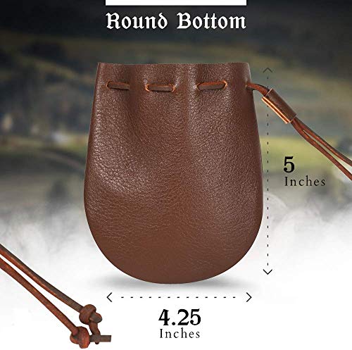 Leather Drawstring Pouch, Coin Bag, Medicine Tobacco Pouch Medieval Reenactment Made in U.S.A. by Nabob Leather Size 5" x 4.5" - color: Brown, style: Round Bottom