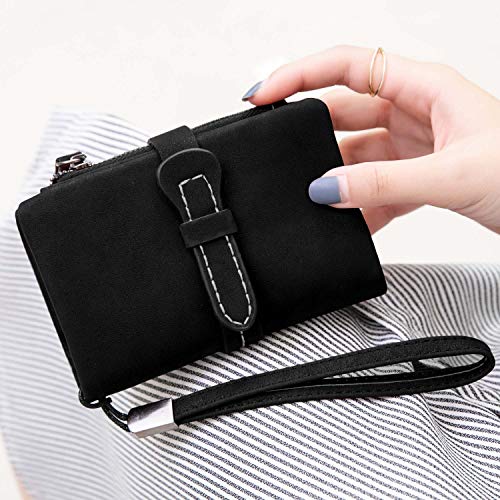 AOXONEL Women's Small Bifold Leather wallet Rfid blocking Ladies Wristlet with Card holder id window Coin Purse - color: Black3