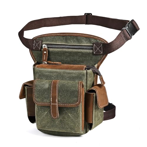 Water Resistant Canvas + Leather Motorcycle Travel Fanny Waist Pack Drop Thigh Leg Bag Pouch For Men Women FB913-5 - color: The Army Green