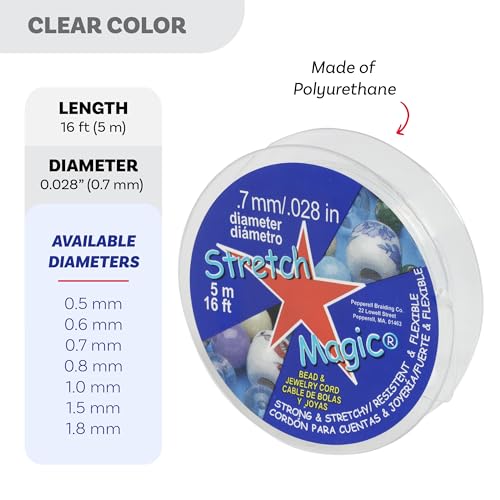 Stretch Magic Elastic Beading Cord – Clear Color, 0.7mm in Diameter, 5-Meter (16.4 ft) - Easy to Knot, Strong & Stretchy String for Making Beaded Jewelry - size: 0.7 mm, style: Clear - 5 Meter
