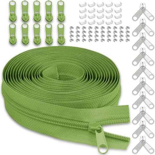 #3 Nylon Zipper Tape for Sewing: YZSFIRM 10 Yards Grass Green by The Yard Nylon Coil Zippers for DIY Sewing Craft with 10 Bulk Metal Zipper Slider and 10 Double Slider - color: 237 Grass Green, size: #3 Zipper